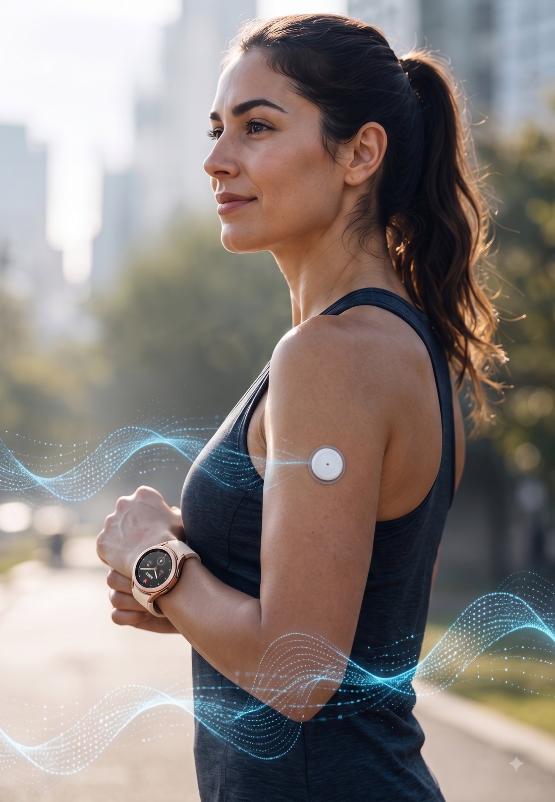 Runner wearing a smartwatch and an arm-worn health sensor, with data waves